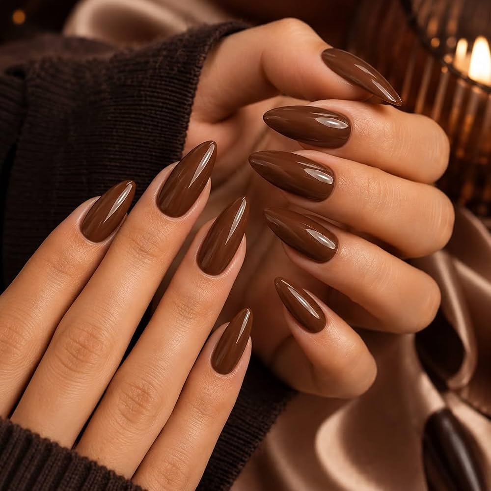 Kriplonn Dark Brown Almond Press On Nails for Women, 24 Piece Glossy Chocolate Brown Artificial Nail Extensions with Glue Tabs, Nail File and Cuticle Tool : Amazon.in: Beauty