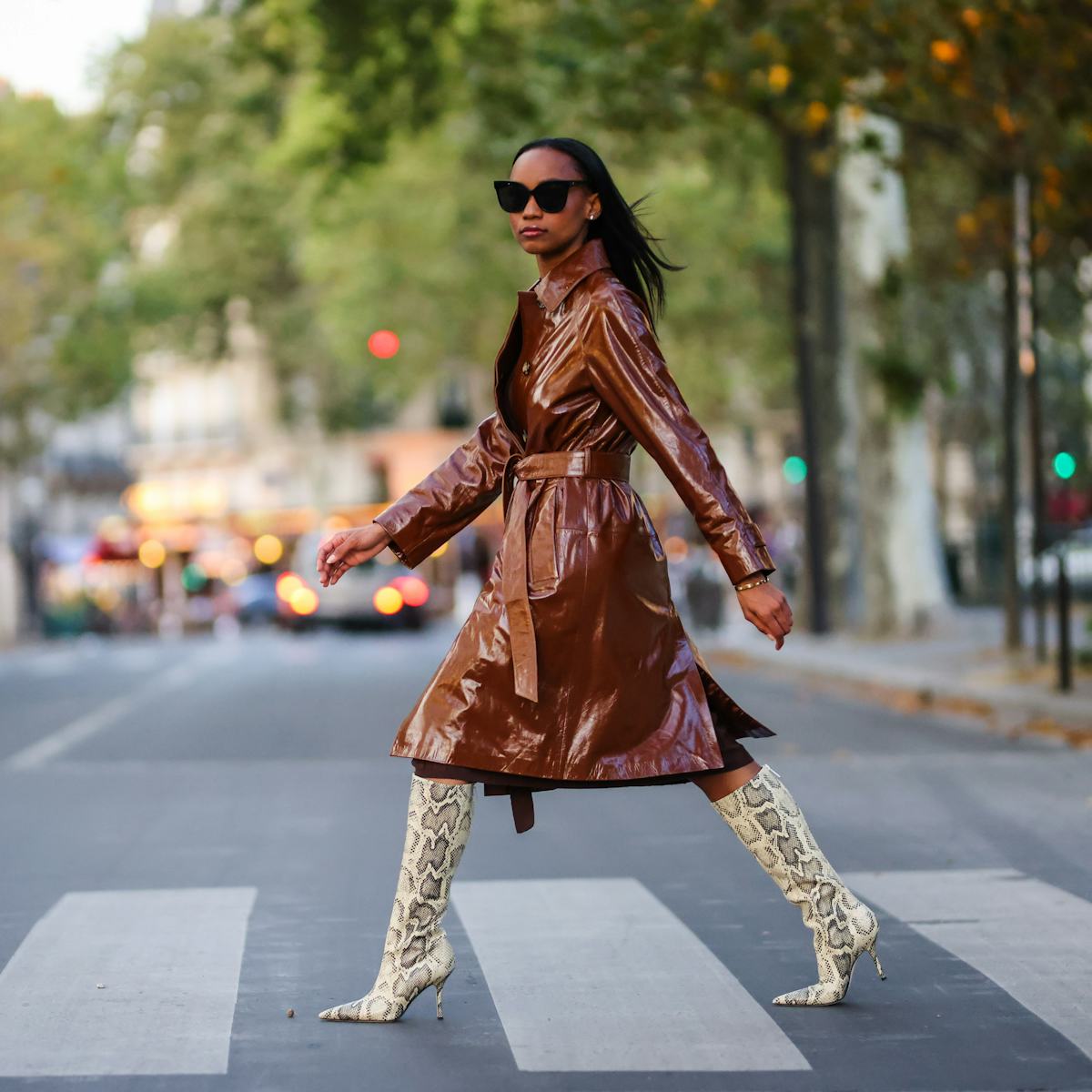 Patent Leather Trench Coat Meets Snakeskin Slouchy Boots Patent Leather Trench Coat Meets Snakeskin Slouchy Boots — Slouchy Boots Outfits
