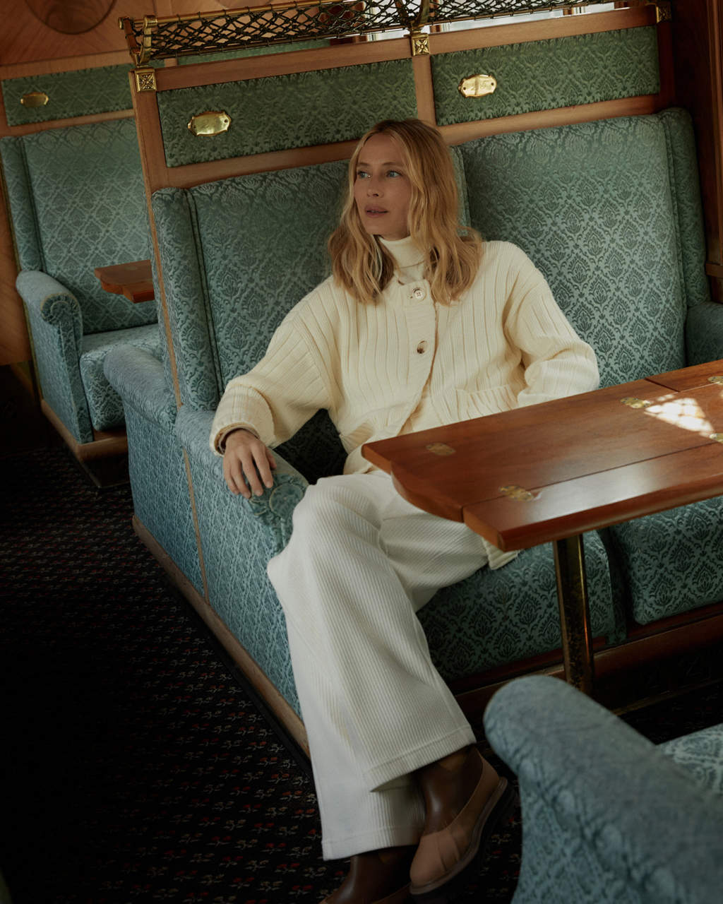 Cozy Monochromatic Knitwear: Cream Cardigan with White Turtleneck and Corduroy Pants — Winter Capsule Wardrobe
