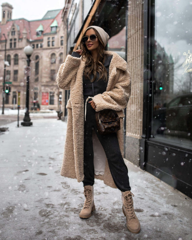 Cozy Winter Look with Teddy Coat and Jumpsuit Cozy Winter Look with Teddy Coat and Jumpsuit — Combat Boots Outfits