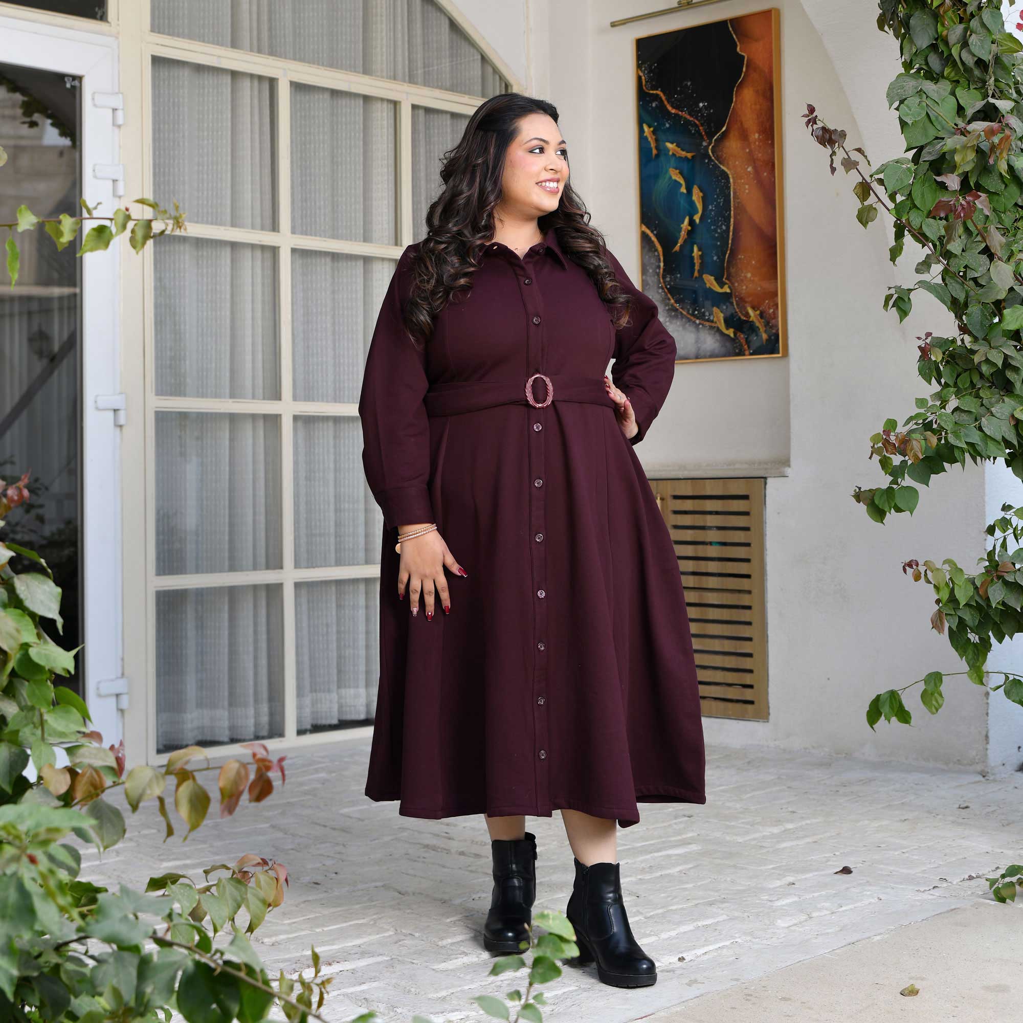 Elegant Deep Burgundy Shirt Dress with Embellished Belt Elegant Deep Burgundy Shirt Dress with Embellished Belt — Winter Church Outfits