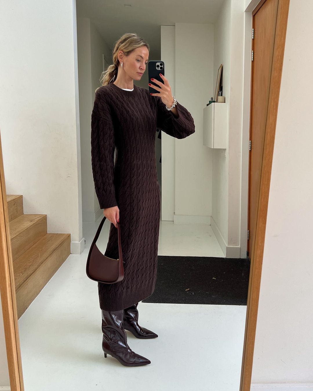 Cable-Knit Maxi Dress Layered Over a White T-Shirt Cable-Knit Maxi Dress Layered Over a White T-Shirt — Winter Dress Outfits