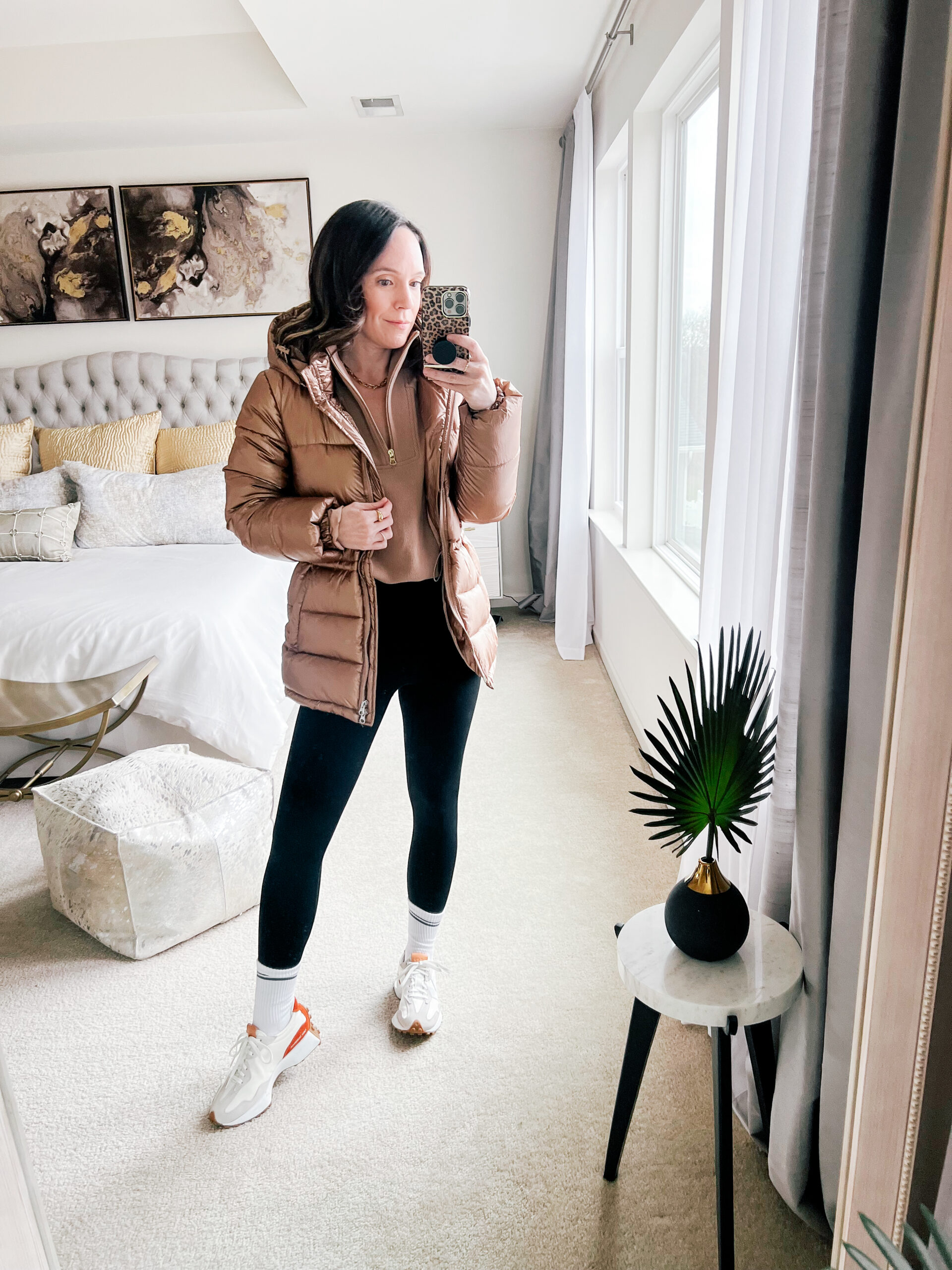 Tan Puffer Jacket with Quarter-Zip Sweatshirt and Athletic Sneakers Tan Puffer Jacket with Quarter-Zip Sweatshirt and Athletic Sneakers — Parka Outfits