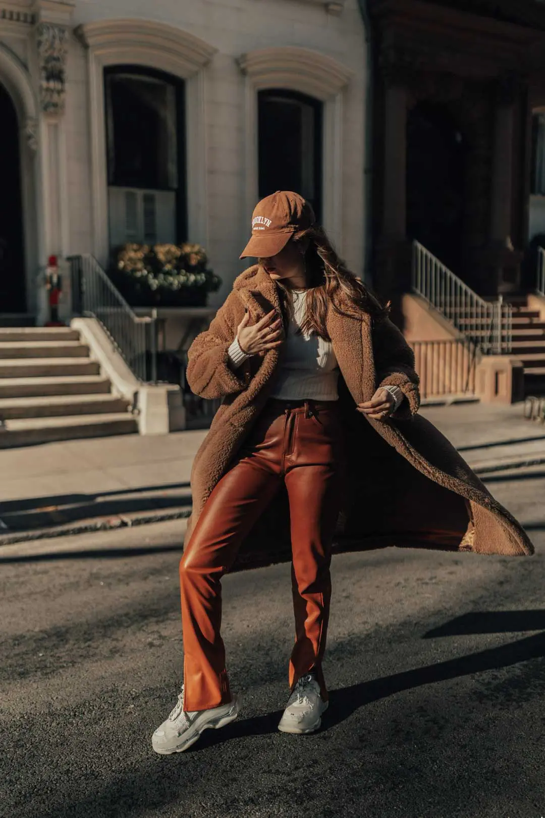 Brown Teddy Coat with Faux Leather Pants Brown Teddy Coat with Faux Leather Pants — Classy Winter Outfits