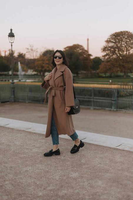 Belted Camel Coat with Blue Jeans and Black Loafers Belted Camel Coat with Blue Jeans and Black Loafers — Camel Coat Outfits