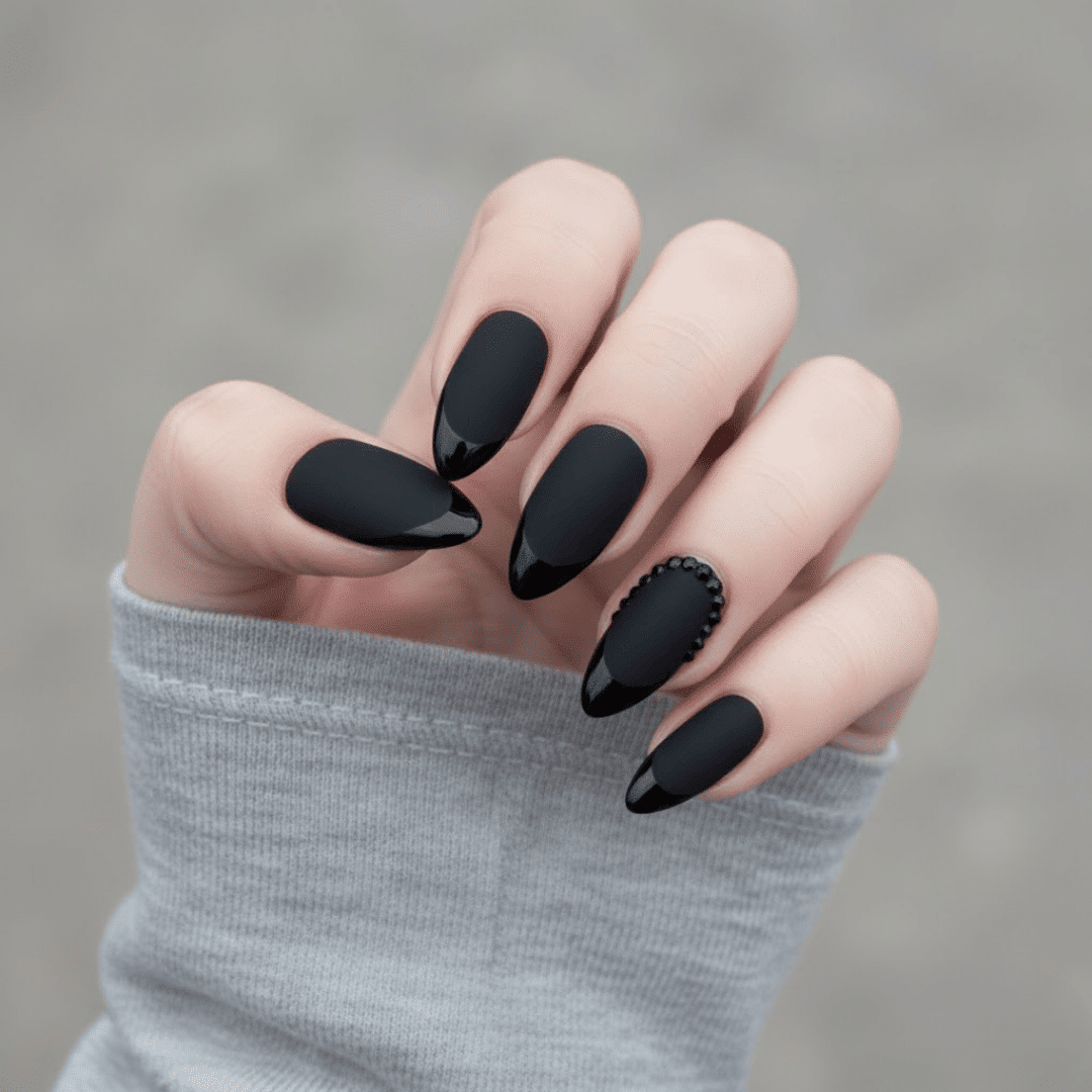 Matte Black With Glossy French and Rhinestones Matte Black With Glossy French and Rhinestones — Winter Matte Nails