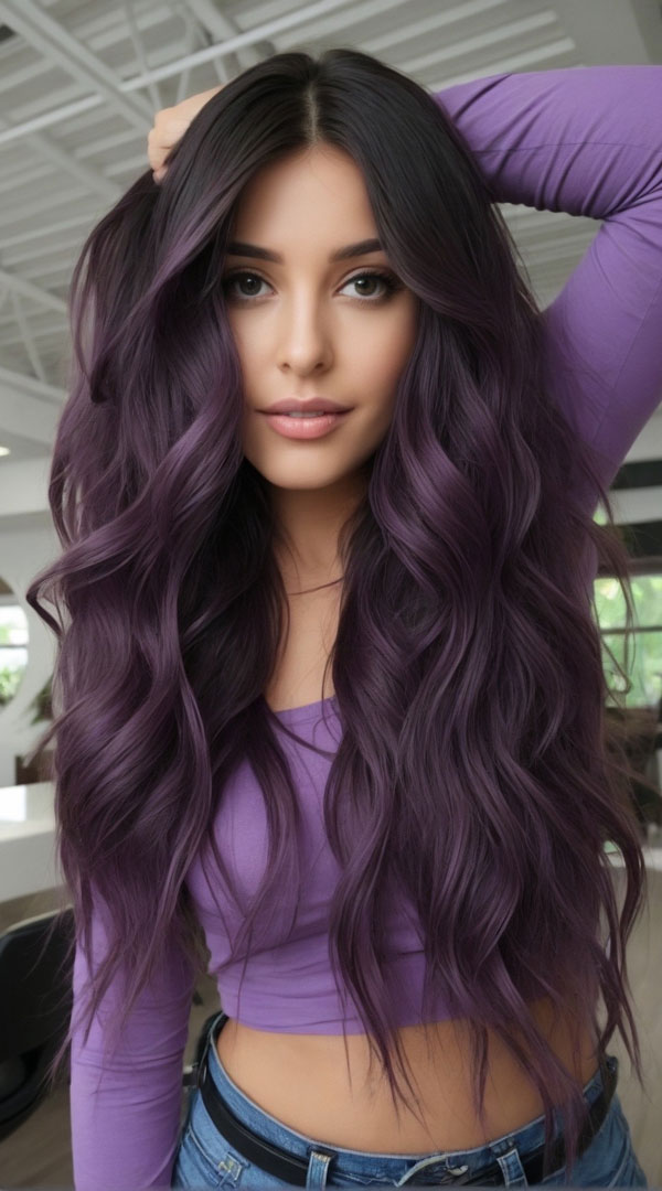 Deep Plum Mid-Back Loose Waves — Plum Hair Color