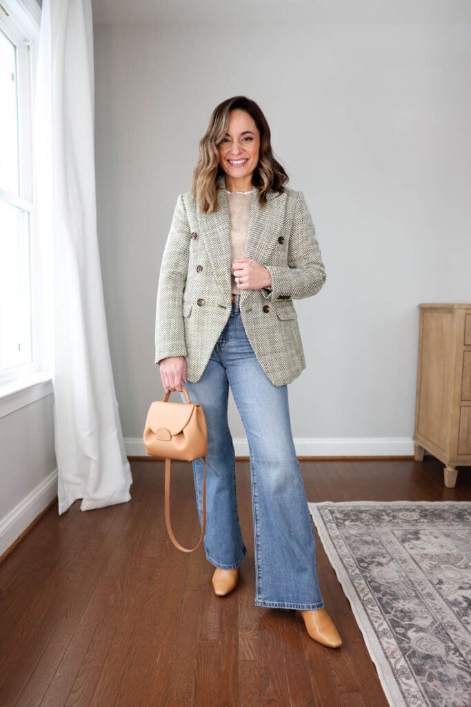Transitional Style: Light Wash Flare Jeans with Tweed Blazer — Winter Outfits with Jeans