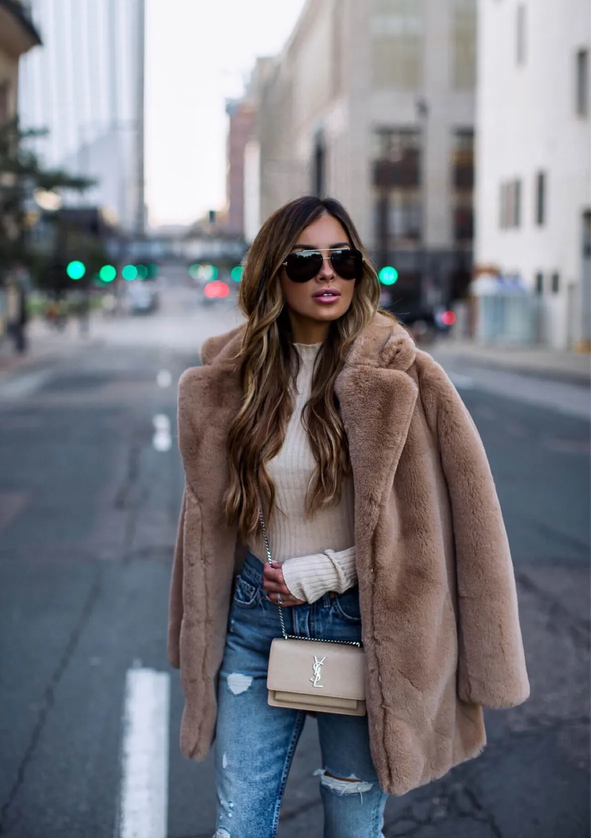 Beige Faux Fur Coat with Distressed Jeans for Casual Outings — Faux Fur Coat Outfits