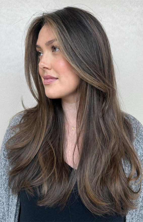 Layers Mid-Back Dark Brown Warm Caramel Ash — Reverse Balayage