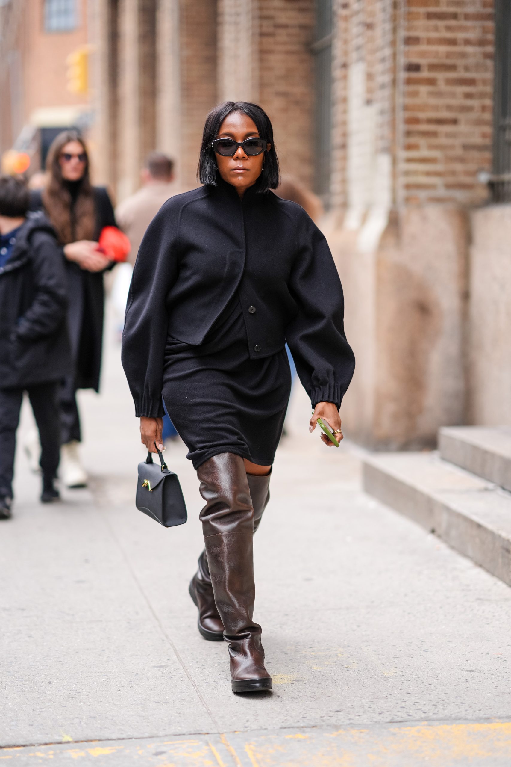 Brown Leather Over-the-Knee Boots with Black Mini Dress — Over the Knee Boots Outfits
