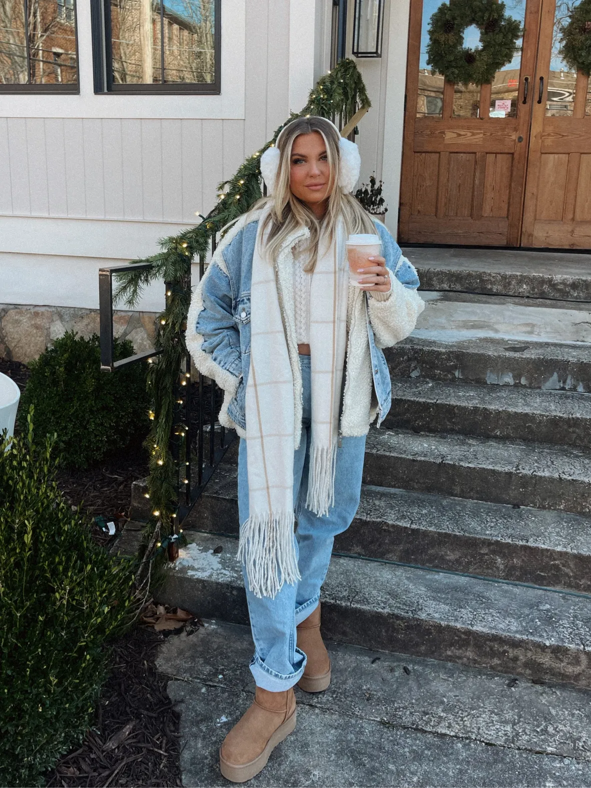 Denim Layering: White Earmuffs with Sherpa Jacket Denim Layering: White Earmuffs with Sherpa Jacket — Earmuffs Outfits