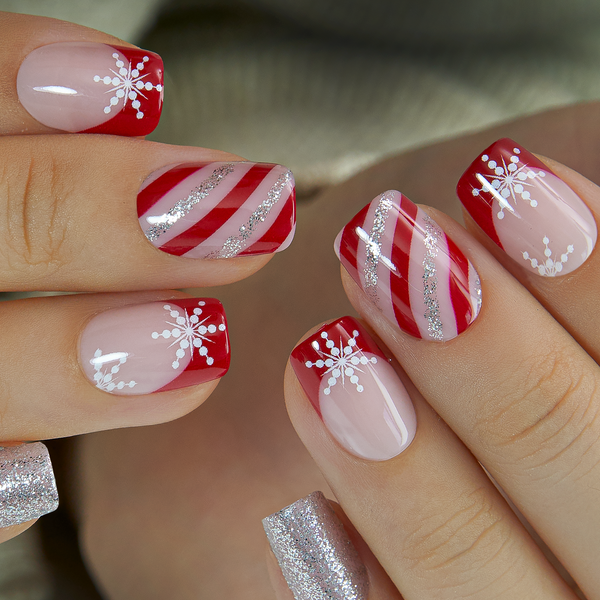 Clear Base Snowflake French Tips Clear Base Snowflake French Tips — Winter Squoval Nails