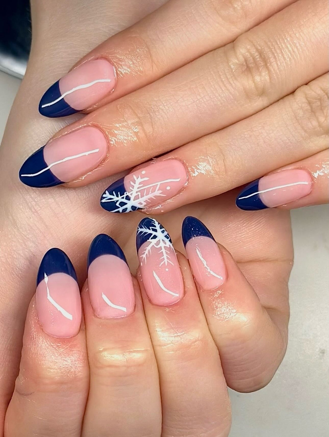 Pink Navy Snowflake French Tip Almond Nails Pink Navy Snowflake French Tip Almond Nails — Winter Almond Nails