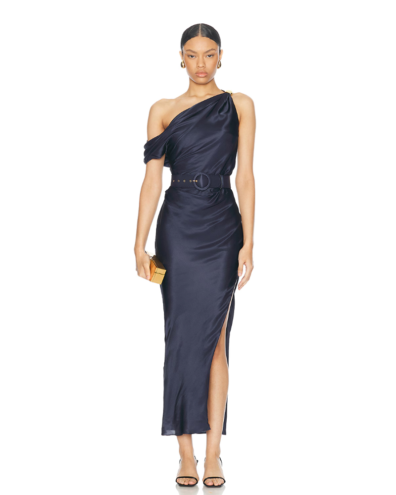 Navy Blue Satin One-Shoulder Dress with Gold Belt and High Slit Navy Blue Satin One-Shoulder Dress with Gold Belt and High Slit — Winter Wedding Guest Outfits