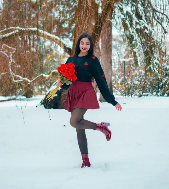 Burgundy Pleated Mini Skirt with Cherry Print Sweater — Winter Skirt Outfits