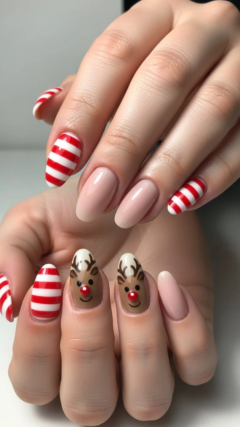 Reindeer Faces and Candy Cane Stripes Reindeer Faces and Candy Cane Stripes — Winter Nails for Kids