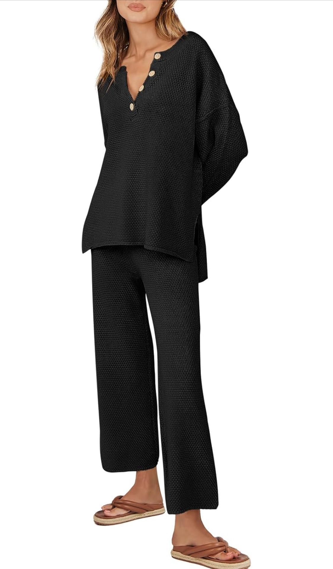 Black Oversized V-Neck Knit Sweater and Wide-Leg Pants — Loungewear Outfits