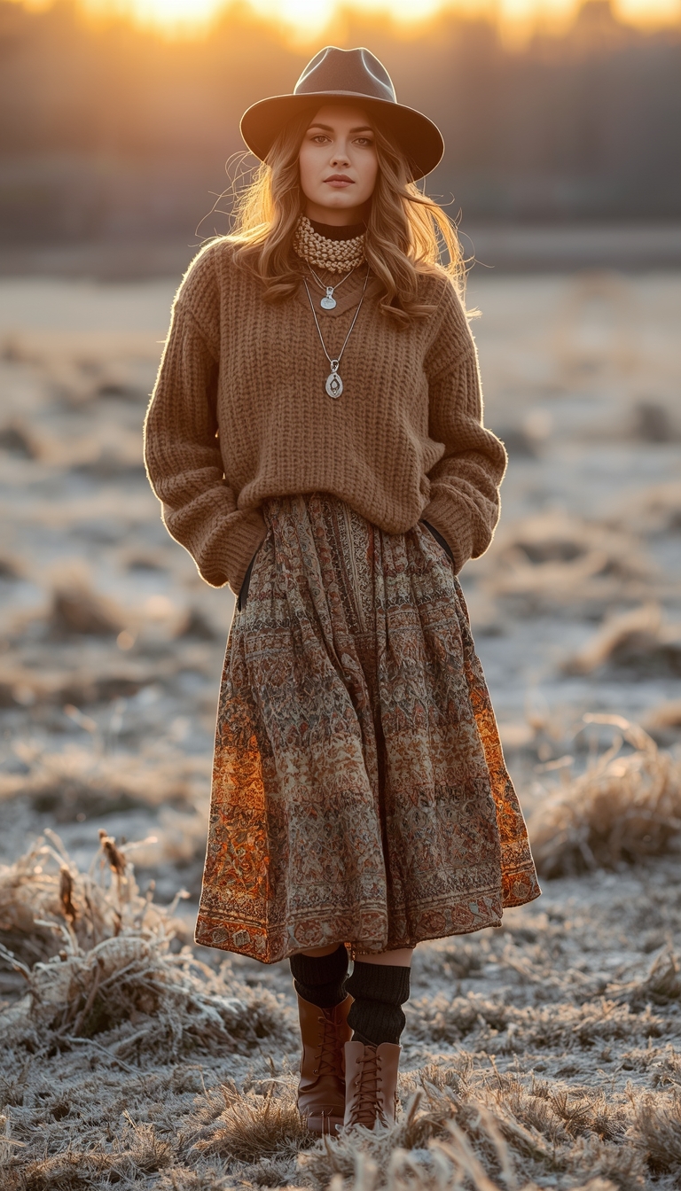 Oversized Knit Sweater with Patterned Midi Skirt and Leg Warmers — Boho Winter Outfits