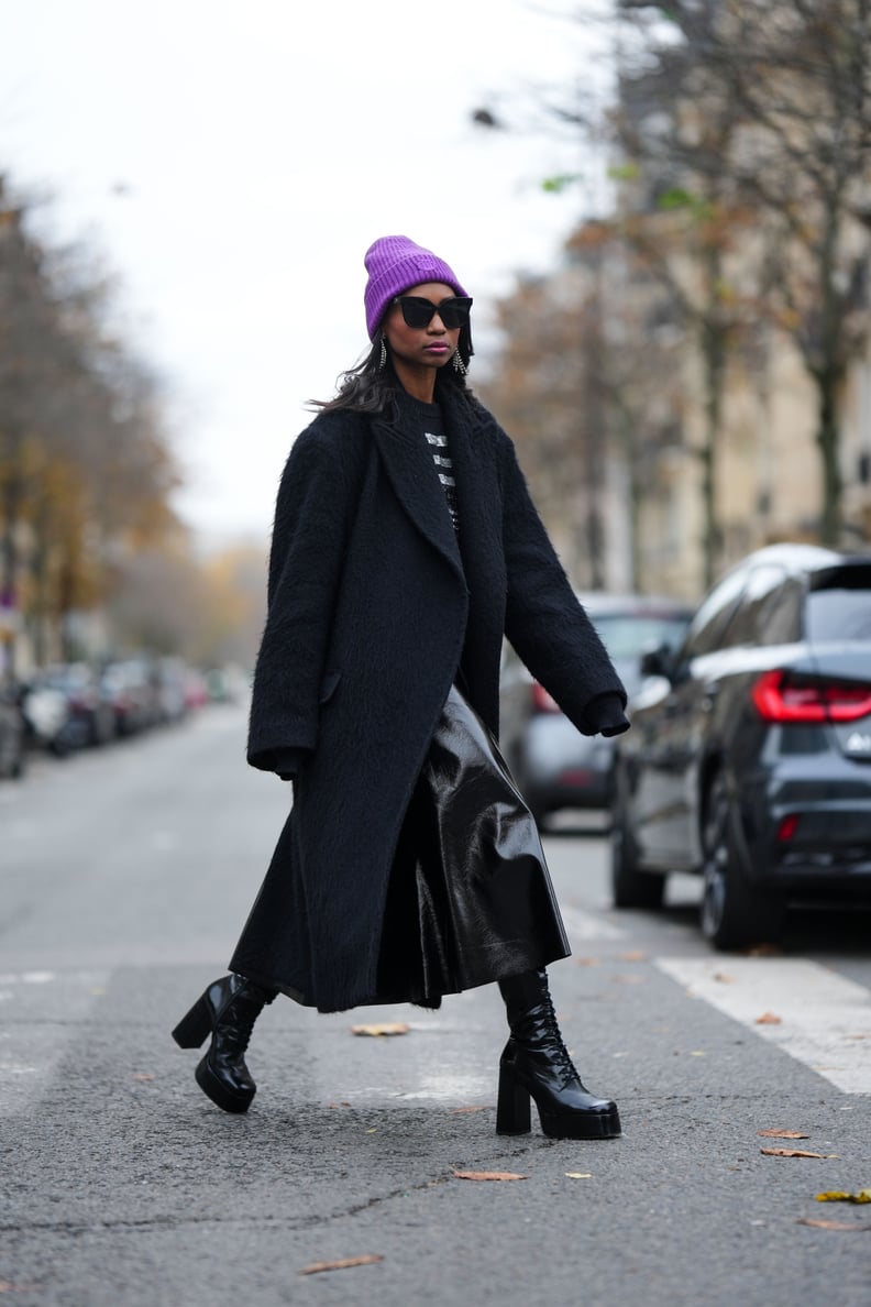 Textured Coat with Vinyl Skirt and Beanie — Preppy Winter Outfits