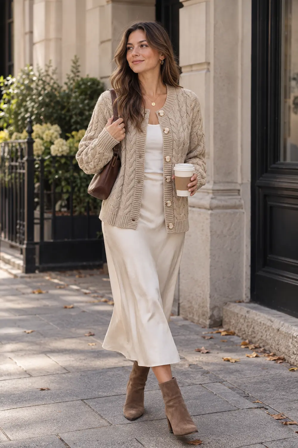Beige Cable Knit Cardigan Over Satin Slip Dress — Cardigan Outfits