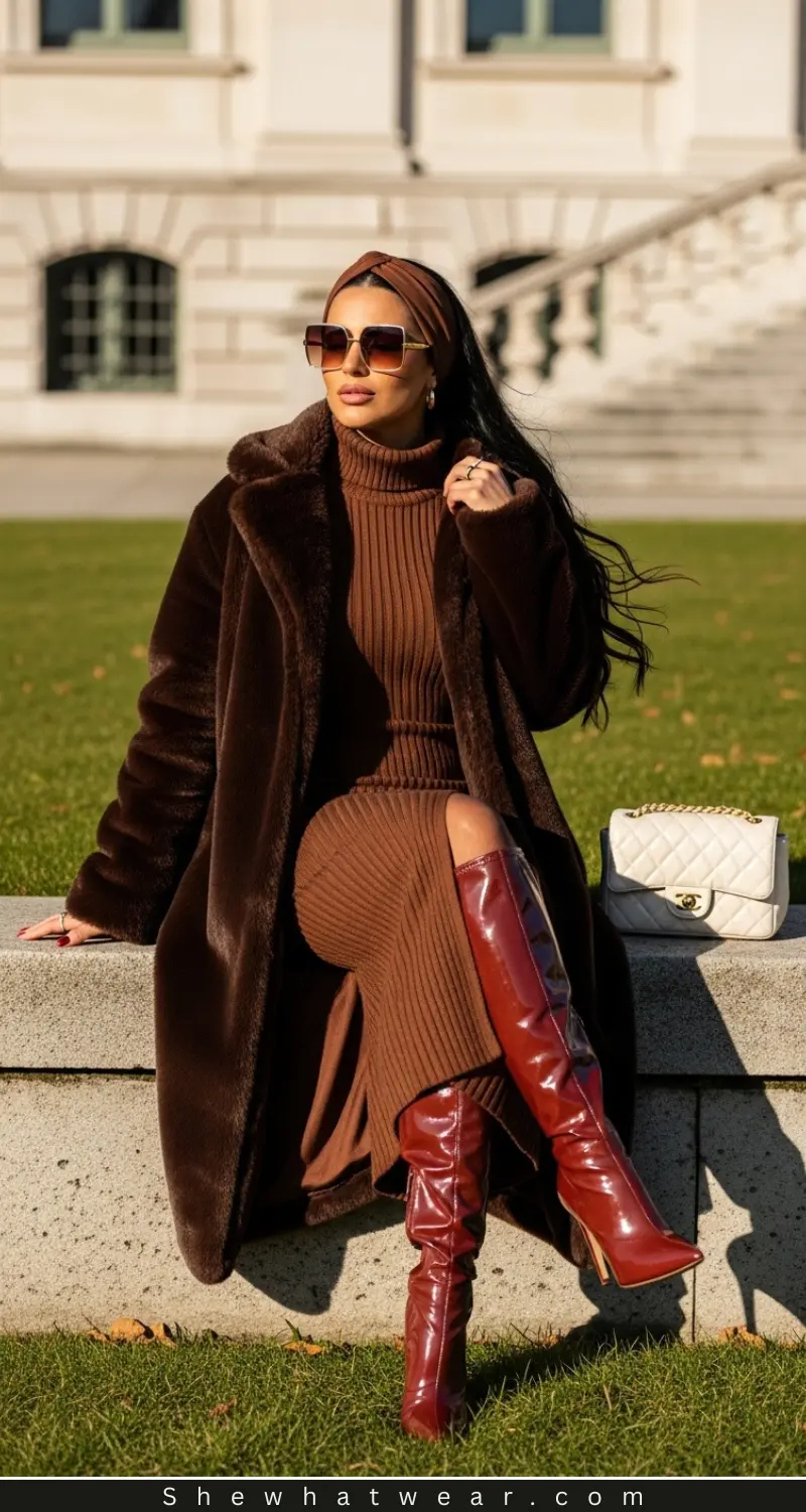 Red Leather Knee-High Heeled Boots Outfit Idea — Riding Boots Outfits