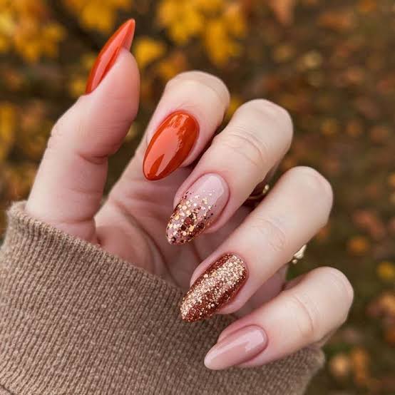 Burnt Orange and Rose Gold Glitter Burnt Orange and Rose Gold Glitter — Fall to Winter Nails
