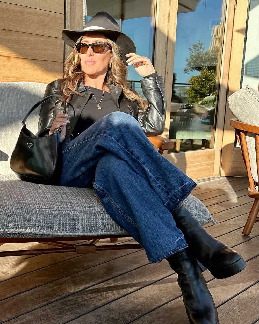 Edgy Leather Jacket and Cowboy Hat with Wide-Leg Jeans — Nashville Winter Outfits
