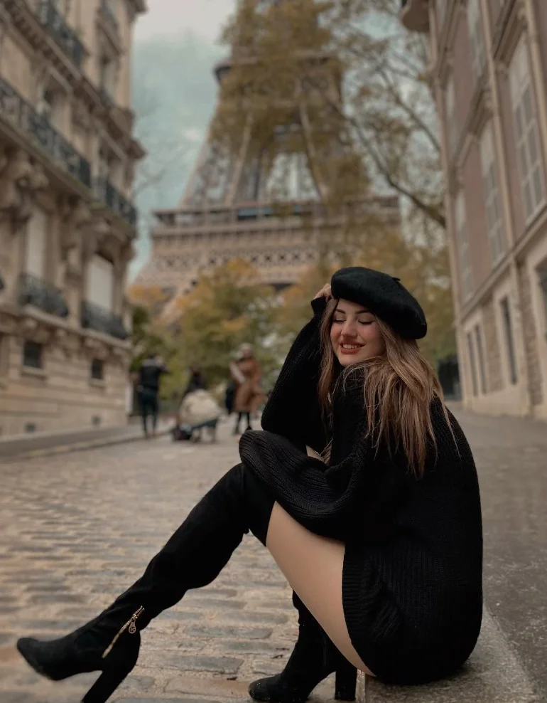 Black Knit Dress with Suede Over-the-Knee Boots and Beret — Paris Winter Outfits