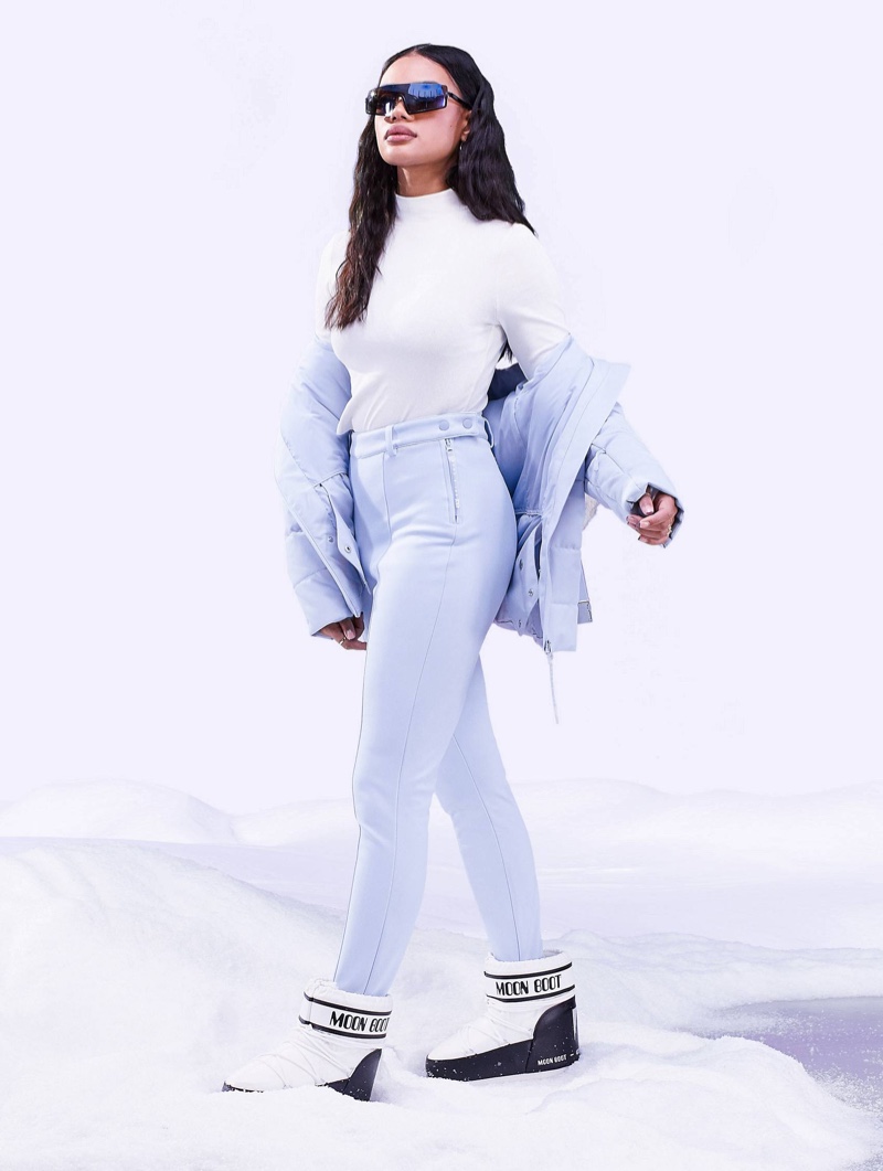 Light Blue Puffer Jacket with White Moon Boots Light Blue Puffer Jacket with White Moon Boots — Apres Ski Outfits