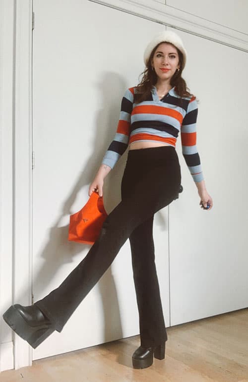 Striped Polo and Flare Leggings with Platform Boots — Flare Leggings Outfits