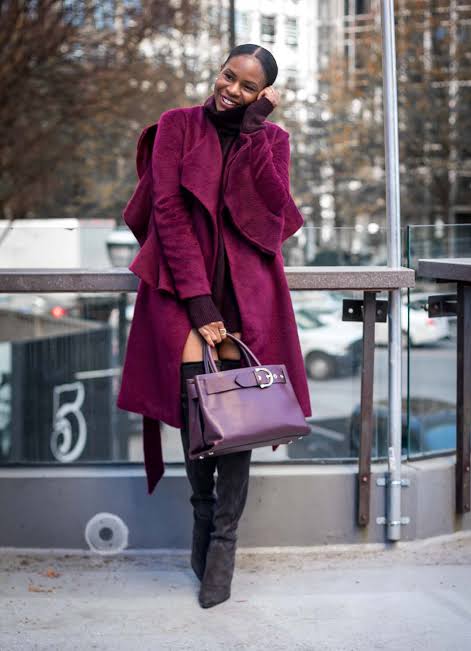 Textured Burgundy Coat with Dark Turtleneck and Over-the-Knee Boots Textured Burgundy Coat with Dark Turtleneck and Over-the-Knee Boots — Burgundy Outfits
