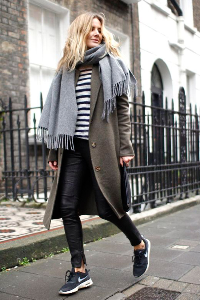 Olive Green Coat and Leather Pants for Casual Workouts — Winter Workout Outfits