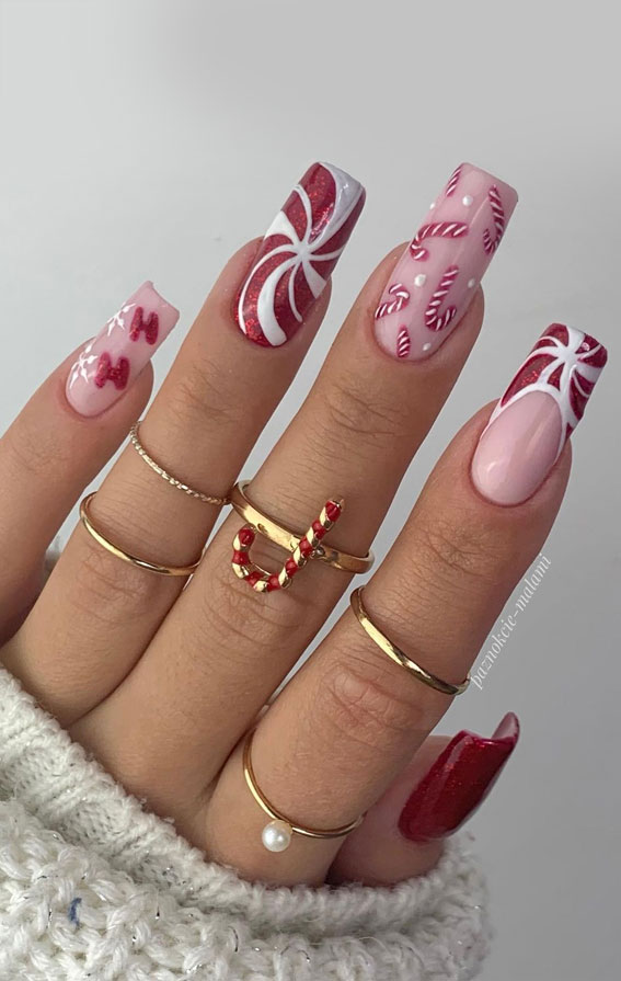 Pink Red White Candy Cane Long Square Nails Pink Red White Candy Cane Long Square Nails — Winter Square Nails