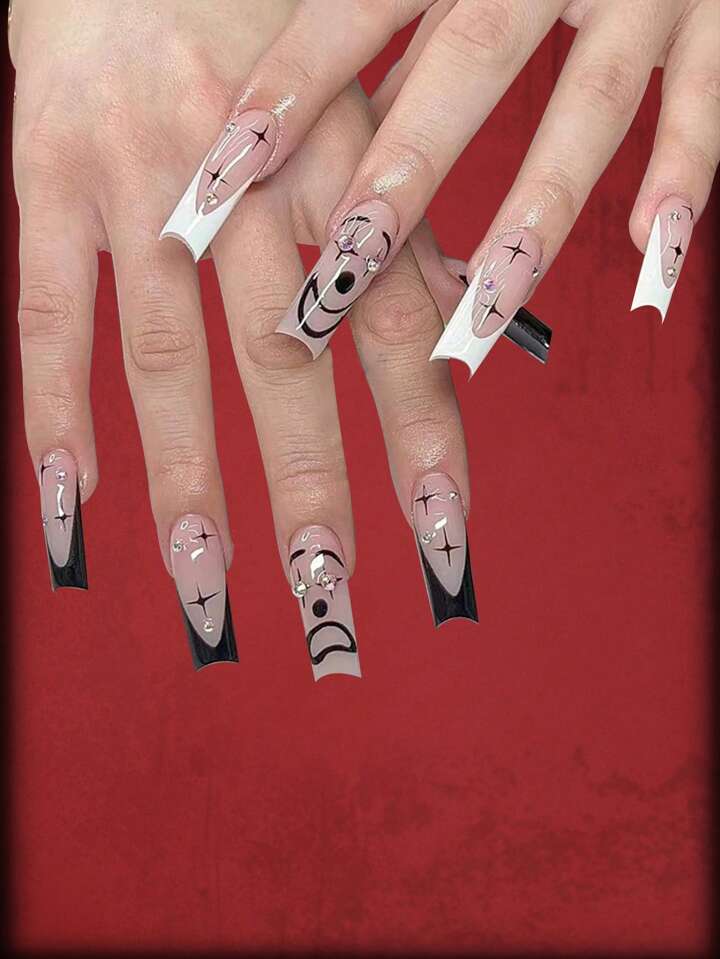 Black French Stars Smiley Coffin Nails Black French Stars Smiley Coffin Nails — coffin nail designs