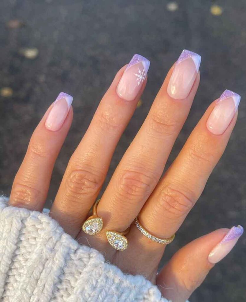Lavender Glitter French Snowflake Square Nails Lavender Glitter French Snowflake Square Nails — Winter Purple Nails