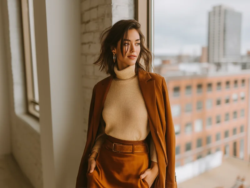 Refined Textures: Suede Blazer with Satin Skirt — Minimalist Winter Outfits