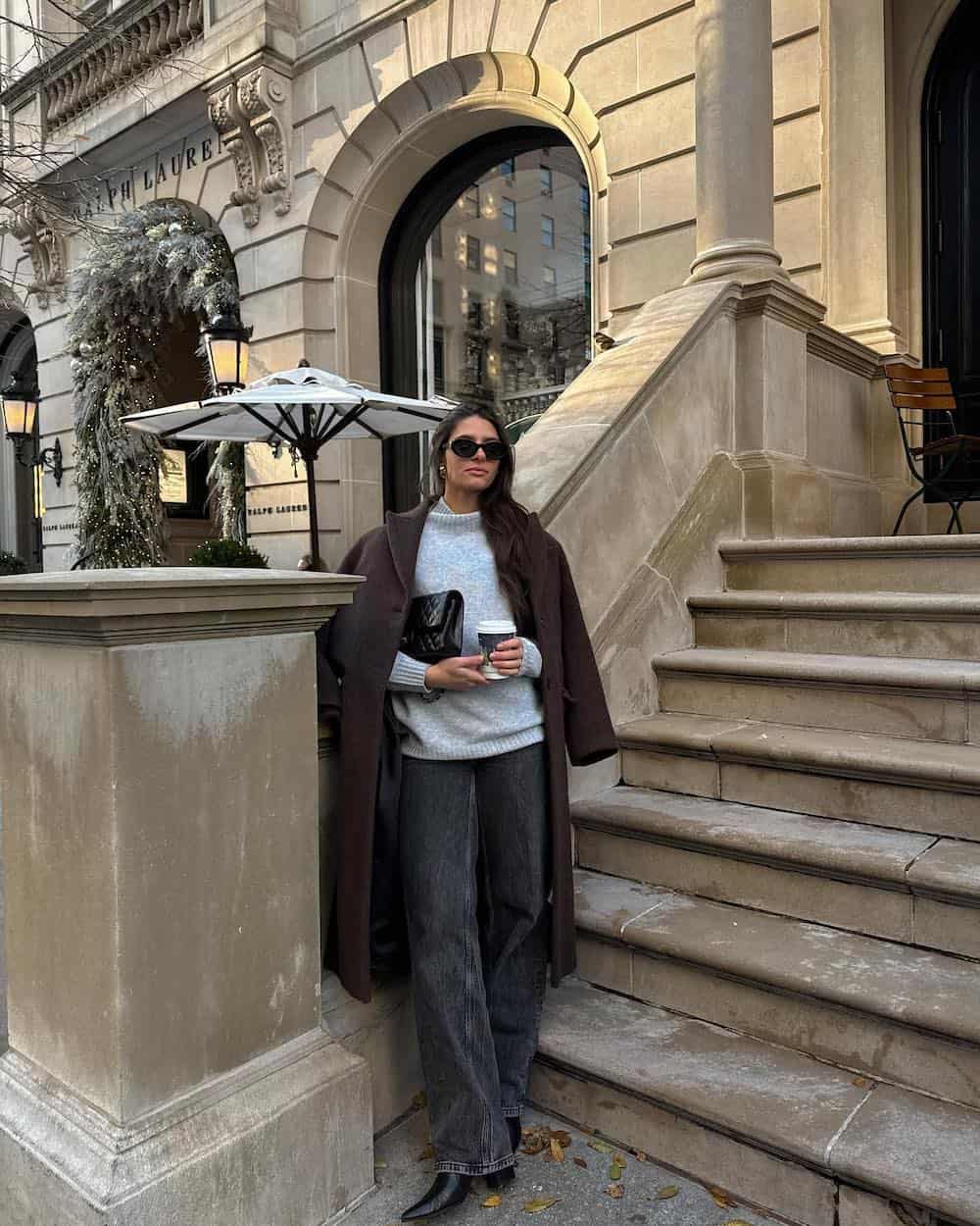 Long Brown Coat with Light Blue Turtleneck and Grey Denim — NYC Winter Outfits