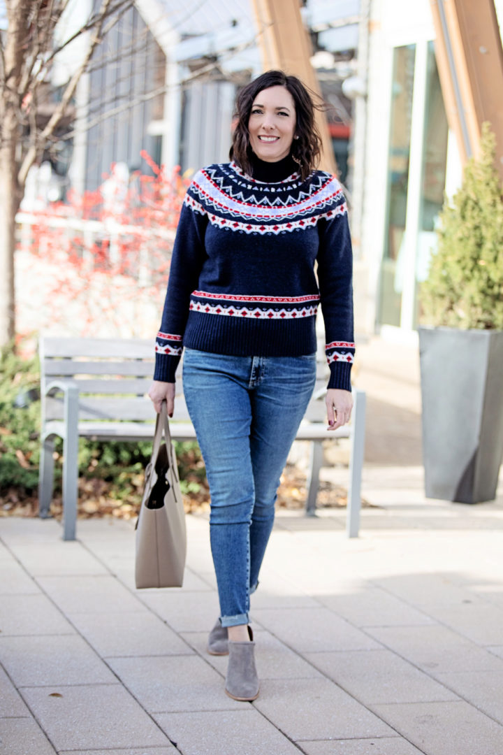 Navy Fair Isle Turtleneck with Blue Jeans and Grey Boots Navy Fair Isle Turtleneck with Blue Jeans and Grey Boots — Fair Isle Sweater Outfits