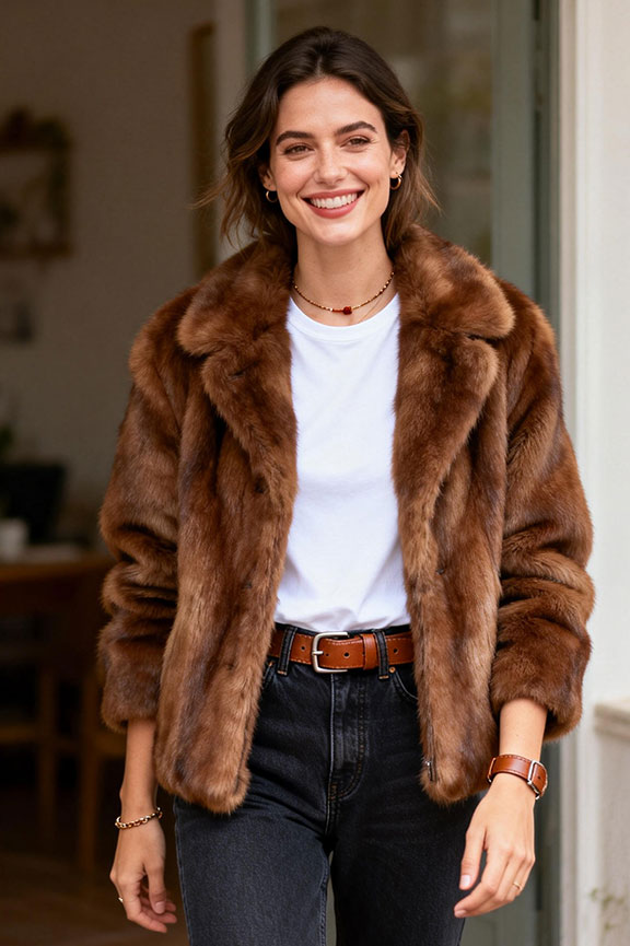 Brown Faux Fur Jacket for a Chic Casual Ensemble — Shearling Coat Outfits