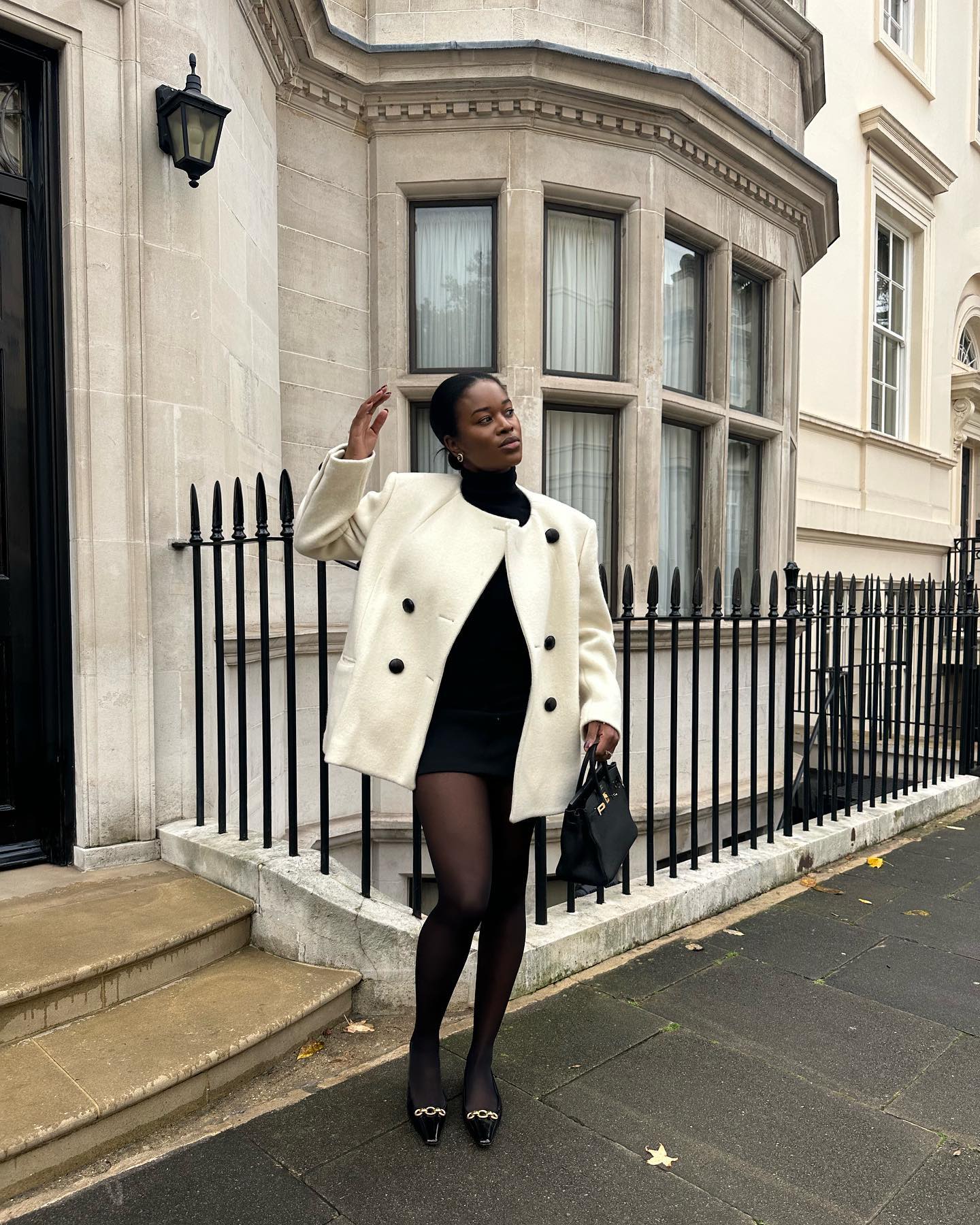 White Double-Breasted Blazer with Black Turtleneck and Mini Skirt — Winter White Outfits