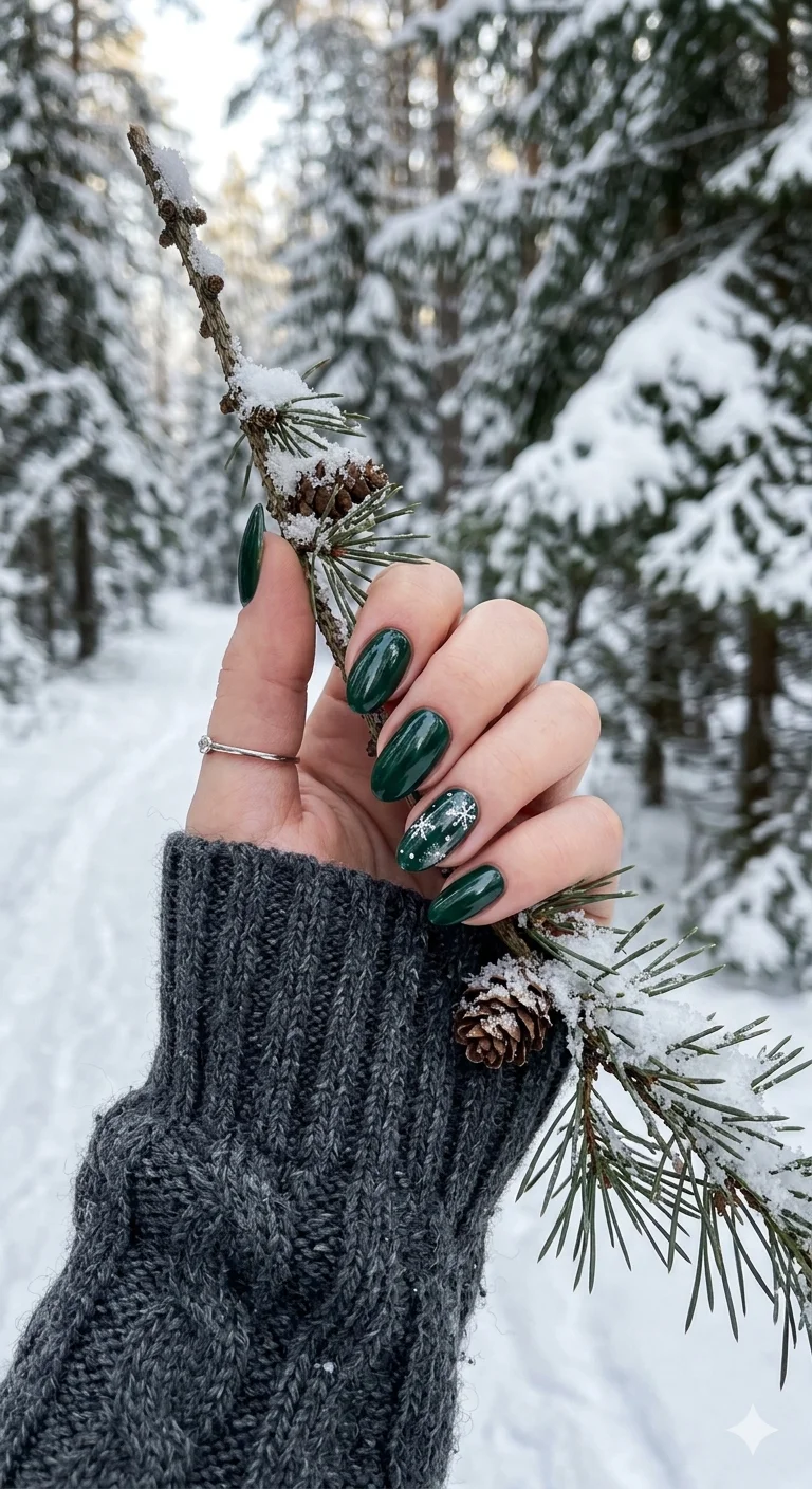Forest Green with Snowflake and Glitter Forest Green with Snowflake and Glitter — Winter Nails