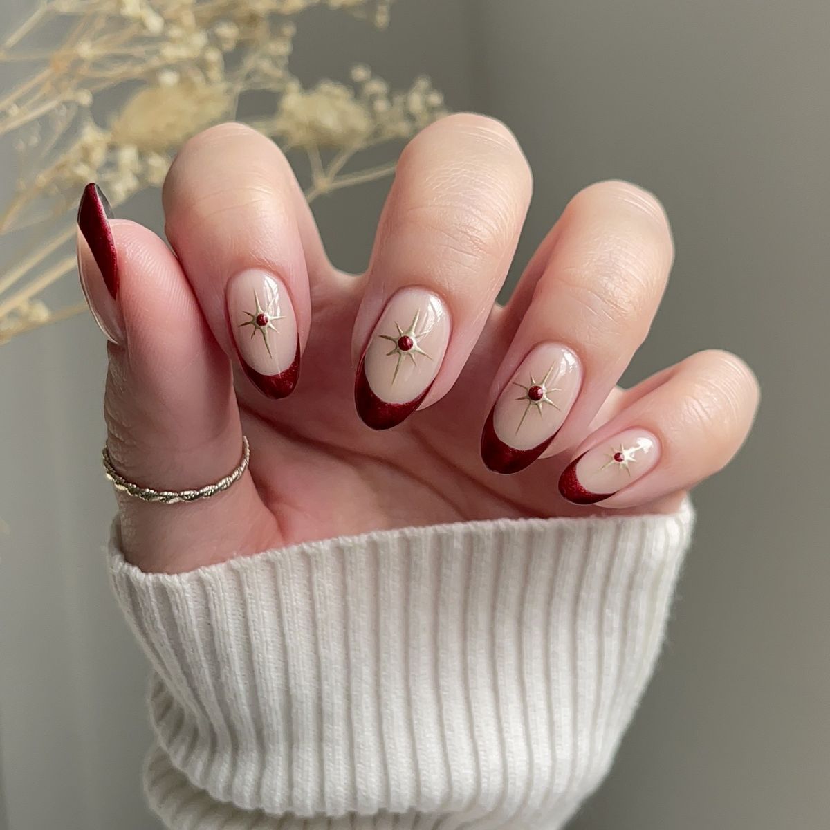 Red French Tip with Gold Star Accents Red French Tip with Gold Star Accents — Winter Nail Colors for Women Over 50