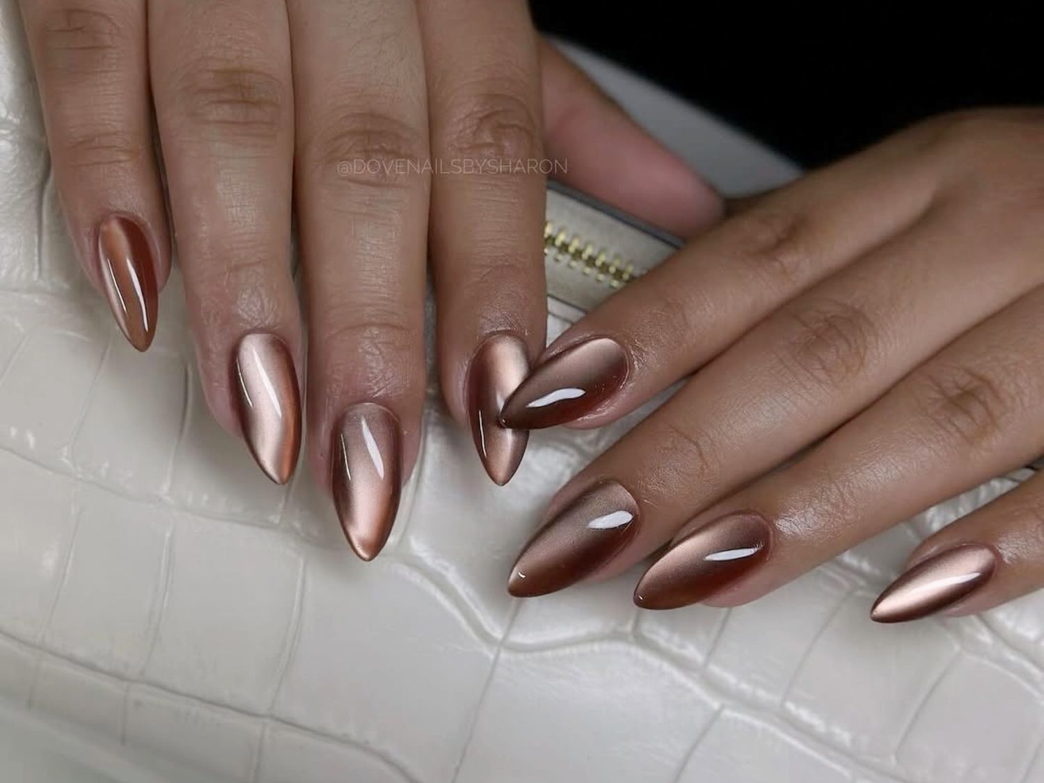 Warm Bronze Cat Eye Almonds Warm Bronze Cat Eye Almonds — Winter Cat Eye Nails