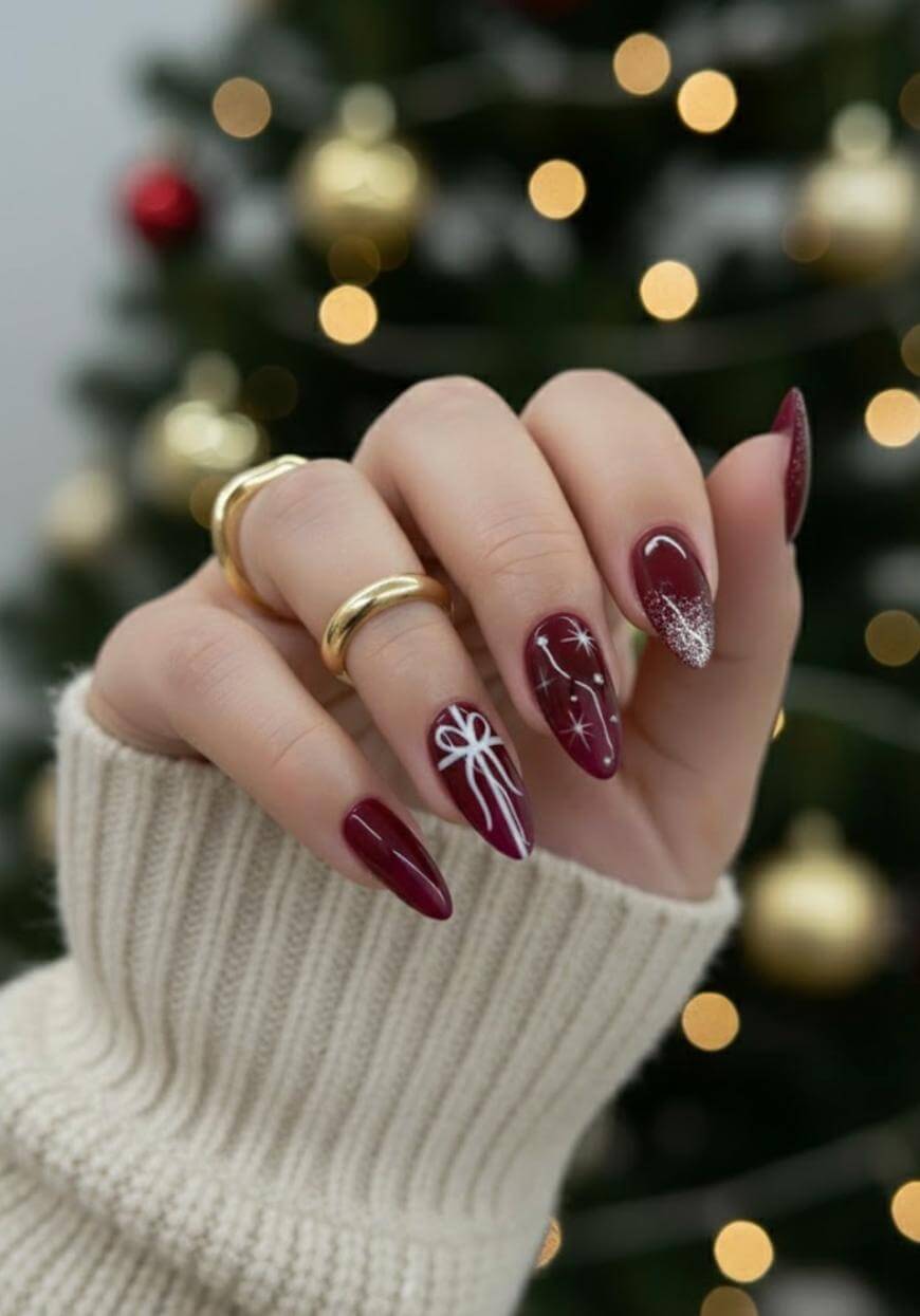 Burgundy with Festive White Bow and Starbursts Burgundy with Festive White Bow and Starbursts — Burgundy Nails