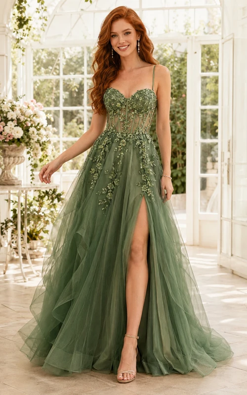 Sage Green Tulle Gown with 3D Floral Appliques and High Slit Sage Green Tulle Gown with 3D Floral Appliques and High Slit — Winter Formal Dresses