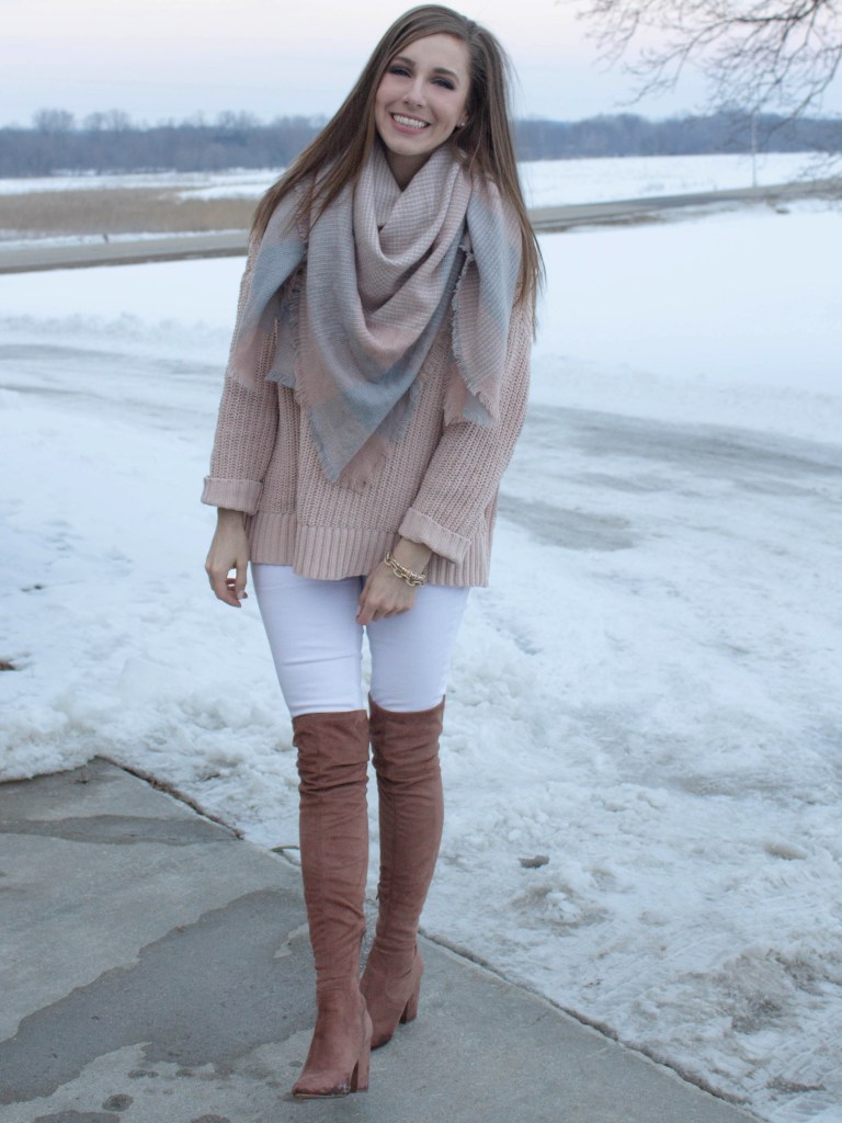 Chunky Pink Sweater with White Pants and Over-the-Knee Boots — Winter to Spring Transition Outfits