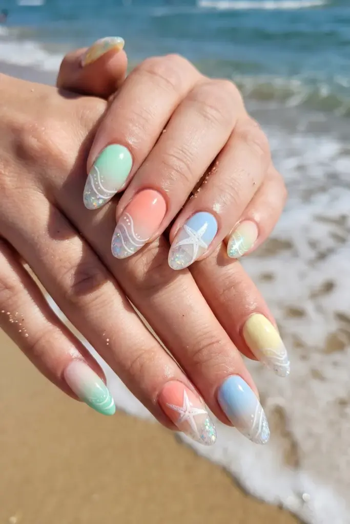 Ombre Pastels with Beach Motifs Ombre Pastels with Beach Motifs — cute nail designs