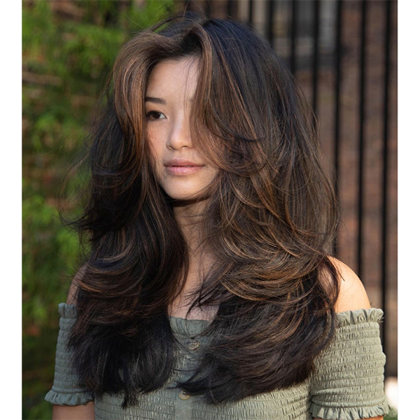 Dark Brown With Caramel Curtain Bangs — Long Winter Haircuts