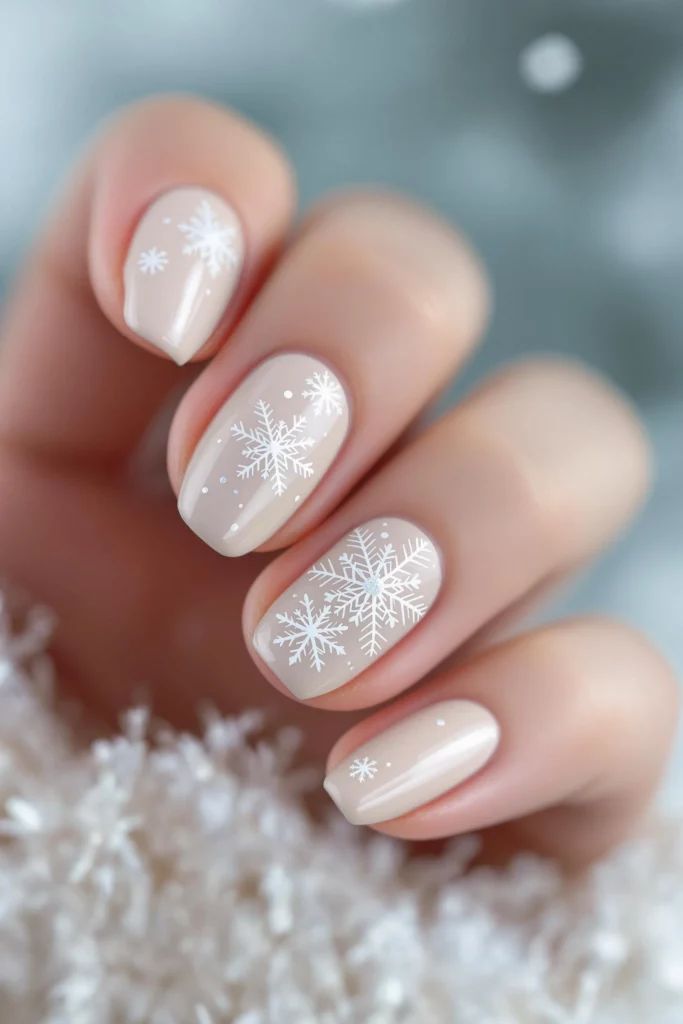 Short Oval Nude Snowflakes Glossy Short Oval Nude Snowflakes Glossy — Winter White Nails